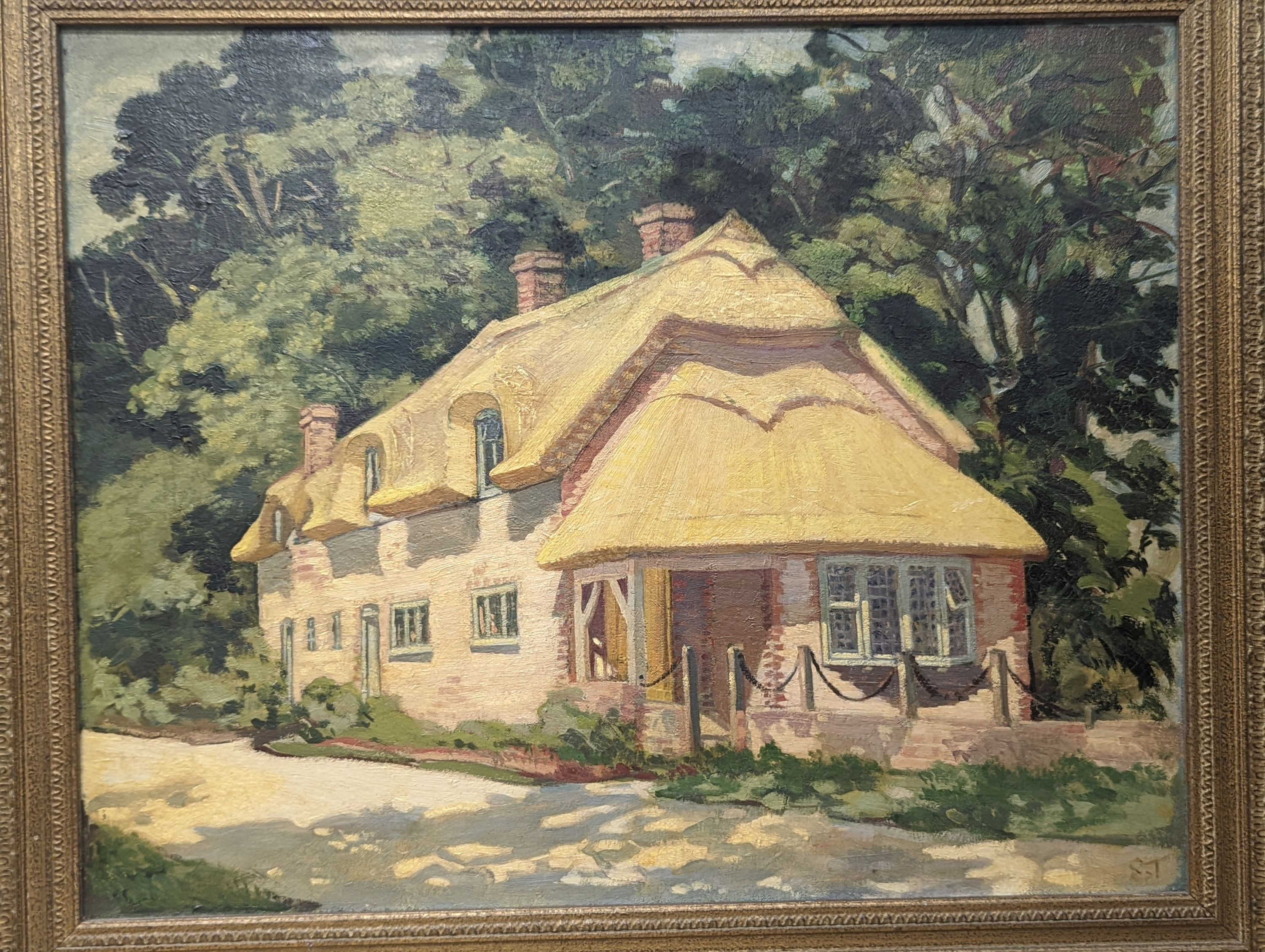 S. T. , English School, oil on canvas, Thatched cottage, initialled S T, 39.5 x 49.5cm